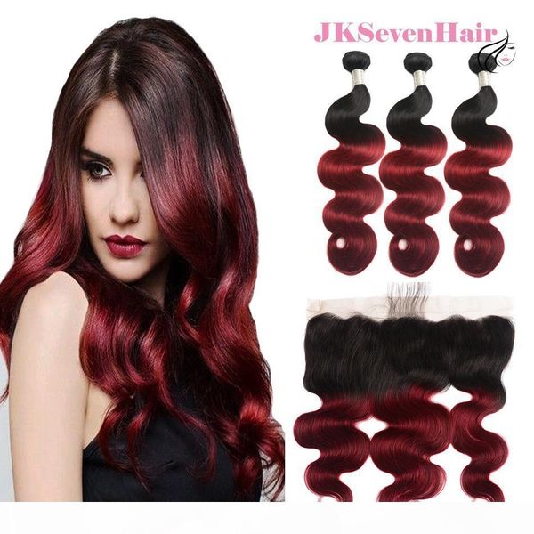 

body wave 1b burgundy virgin brazilian hair extensions 3pcs with 13x4 frontal two tone burgundy malaysian peruvian hair bundles with frontal, Black
