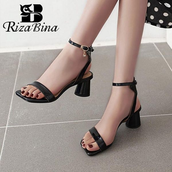 

dress shoes rizabina 2021 summer thick heel women sandals fashion crystal buckle patent leather ankle strap lady size 31-46, Black