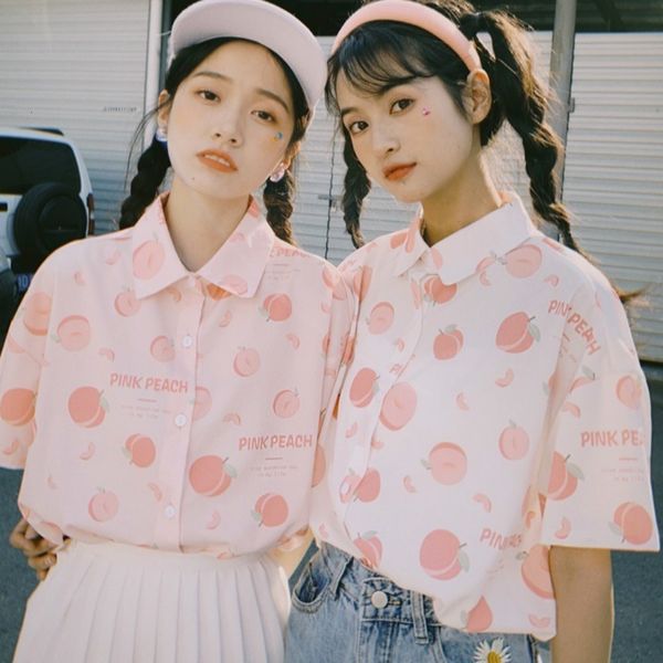

2021 new harajuku peach fruit print female blouse korean summer kawaii short collar schoolgirl sweaters loose clothing y9o7, White