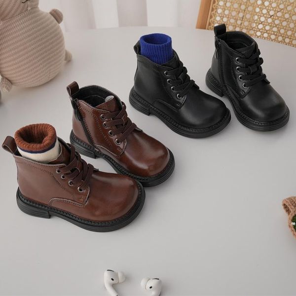 

flat shoes 2021 children pu leather waterproof boots kids snow toddler girls boys rubber sole winter warm plush, Black;grey