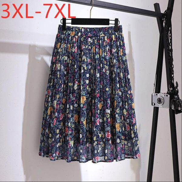 

spring summer plus size womens skirts long large floral print flower chiffon pleated 5xl 6xl 7xl, Black