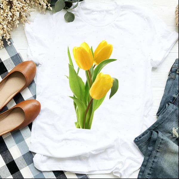 

women lady cartoon flower floral short sleeve fashion printing t tee womens tshirt female shirt clothes graphic t shirt, White