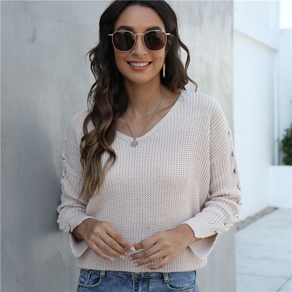 

2021 new causal basic lace up autumn office lady v-neck female sweater elegant long sleeve women pullover ovnx, White;black