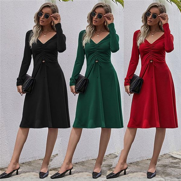 

casual dresses autumn 2021 women slim dress elegant ol deep v-neck long sleeves midi, Black;gray