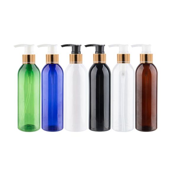 Botellas de almacenamiento Frascos 250 ml Color negro Material PET Oro Aluminio Tornillo Loción Bomba Plástico para envases cosméticos Contenedor de cuidado personal