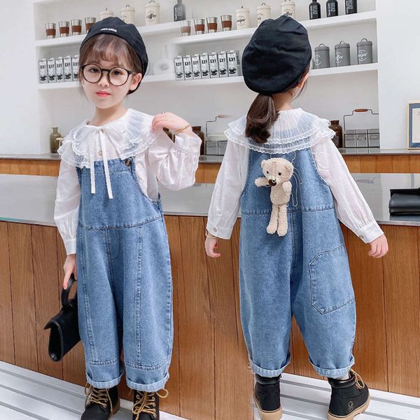 

autumn girls' 2021 new korean cartoon cub backpack children's jeans pants, Blue