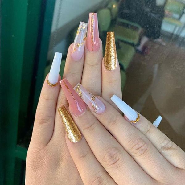 

false nails 24pcs/set multiple types for women four seasons available detachable and wearable full cove fake nail tips with glue, Red;gold