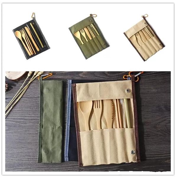 7 pcs / definir cutelaria portátil conjunto com saco de viagem ao ar livre bambu talheres conjunto de faca chopsticks colher de garfo colher conjuntos de utensílios de cozinha