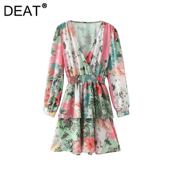 

casual dresses [deat] women dress chic temperament v-neck high waist long sleeve printing loose fit fashion tide autumn 2021 13z560, Black;gray