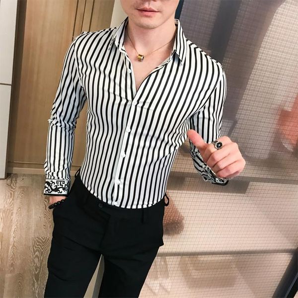 

men's casual shirts 2021 autumn long sleeve stripe shirt men slim fit dress streetwear social night club work chemise homme, White;black