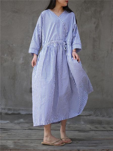 

casual dresses 2021 women blue white striped v-neck long spring simple loose sashes lace up patchwork high waist maxi, Black;gray