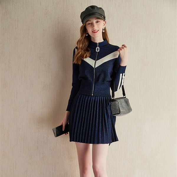 

two piece dress 2021 autumn winter bright shinny knitted 2 set women long sleeve zip up striped sweater jacket coat+pleated mini skirt, White