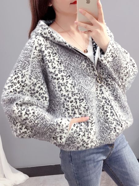

full jumper mink zipper limited thick cardigan women's sweater 2021 new lazy wind loose imitation velvet leopard knit xh7k, White;black