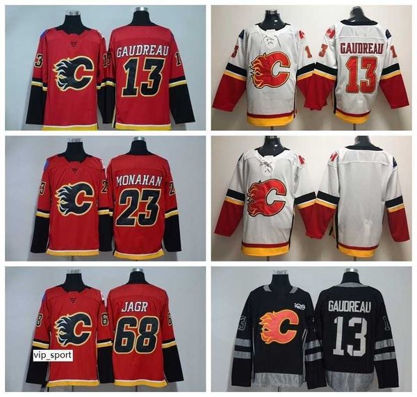 

calgary flames 68 jaromir jagr jersey men red white 13 johnny gaudreau sean monahan 100th anniversary ice hockey 5 mark giordano jerseys, Black