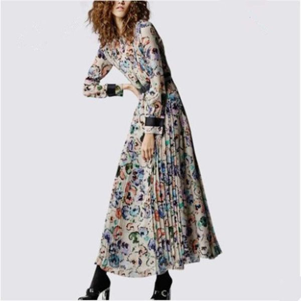 

charming spot printed women's european goods early autumn 2020 foreign style casual dress long fashion temperament pleated skirt, Black;gray
