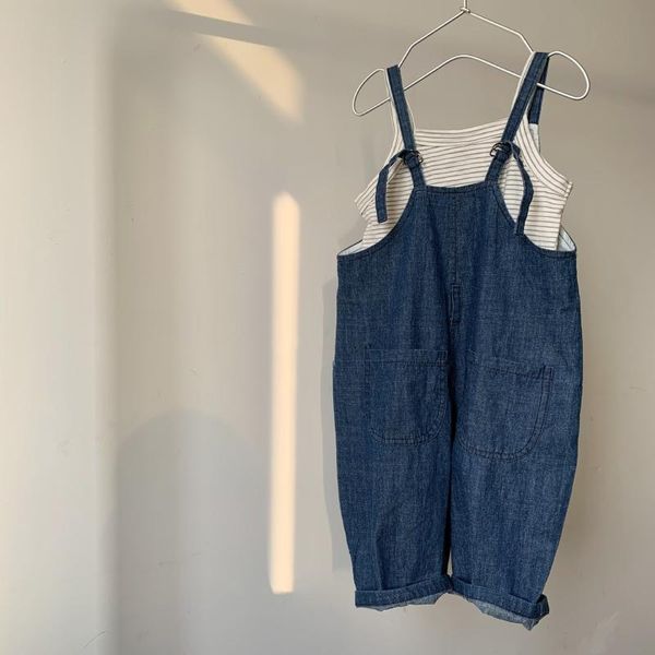 

jumpsuits children's overalls 2021 spring summer baby girls casual loose jumpsiuts korean solid denim overall for boy kids pants trouse, Blue