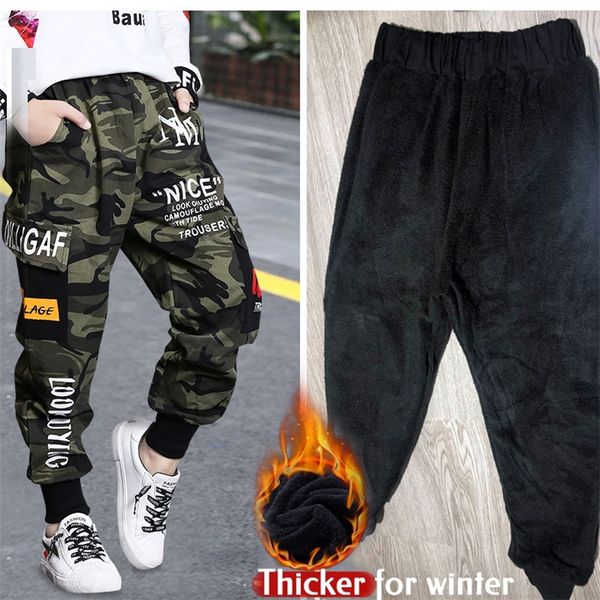 Winter Jungen Mädchen Warme Kleidung Camouflage Hosen Verdicken Kinder Kind Samt Hosen Kleidung 5 6 7 8 9 10 11 12 13 14 Jahr 210306