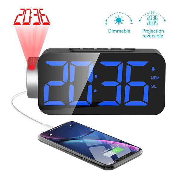 

fm radio rotatable projection dimmable led 12/24h alarm clock with usb charger