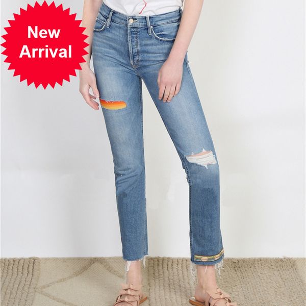 

rainbow print women jeans hole slim fashion wild lady straight 2021 new, Blue