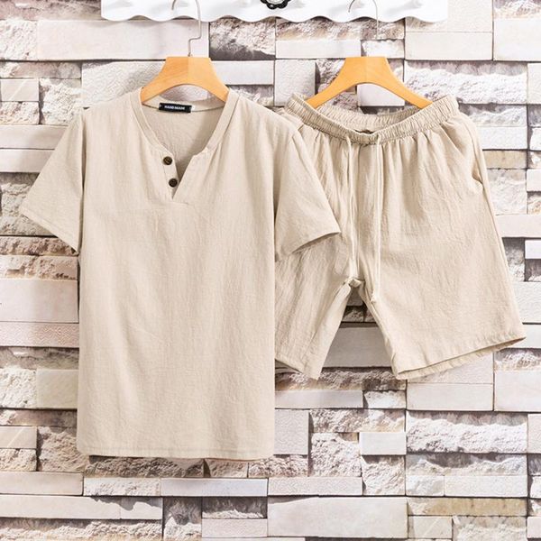 

men's tracksuits solid color large size tracksuit men's set summer suit cotton linen tshirt fashion plus male chinese style two pie, Gray