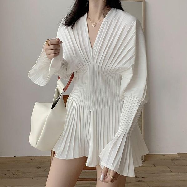 

women white shirt flared sleeve v-neck pleated 2021 new female blouse