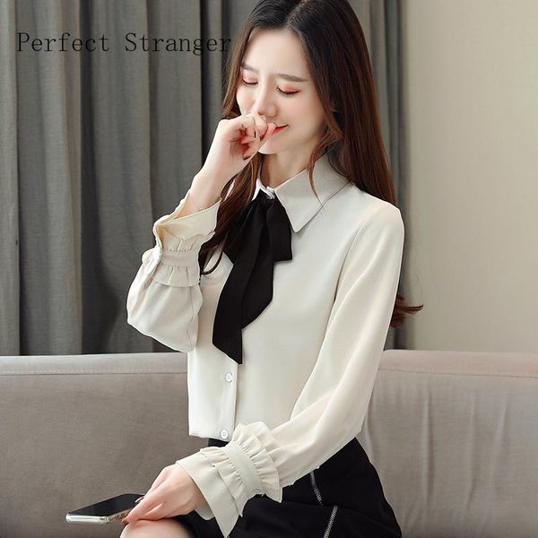 

2021 autumn new arrival turn-down collar long sleeve bowknot women chiffon blouse, White