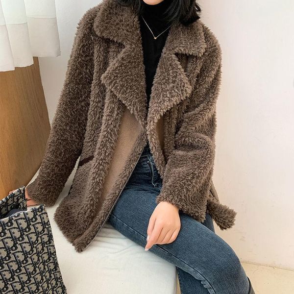 

women's fur & faux women autumn winter genuine real sheepskin coats ladies loose casual outwear female thick warm sheep shearing jacket, Black