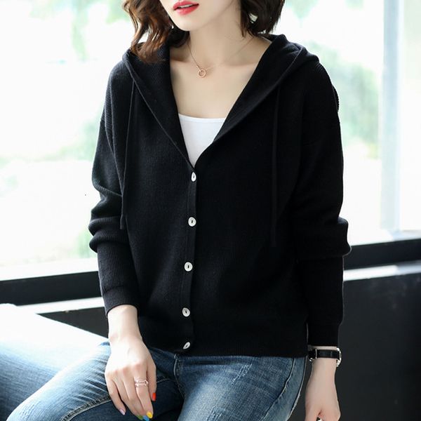 

2021 new short autumn spring sweaters for women hooded korean style knitted cardigans solid single breasted female casual outwear kh94, White;black