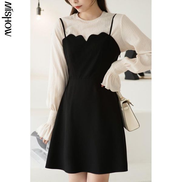 

casual dresses mishow 2021 spring 2pcs for women sleeveless mini dress+apricot knitted bottoming female clothing sets mx21a1636-1, Black;gray