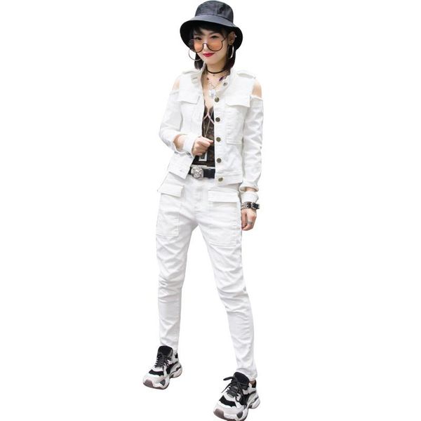 

women's tracksuits spring autumn women slim short stretch denim jacket +jeans two piece white trousers set female basic coats overalls, Gray