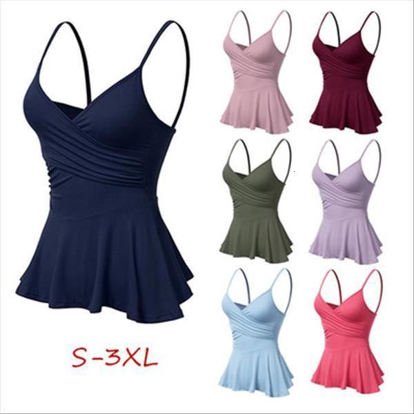 

womens cami everyday dressing sleeveless spaghetti shoulder straps v neck front wrap pleated flared peplum bottom tank top, White