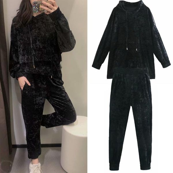 

2021fashion european american women sports suit 2-piece suit chic loose jogging sports hoodie black velvet 2-piece hoodie, White