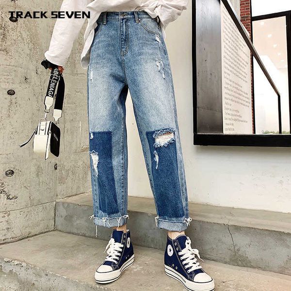 

fashion jeans trackseven spring korean casual loose color matching harem pants women's perforated, Blue