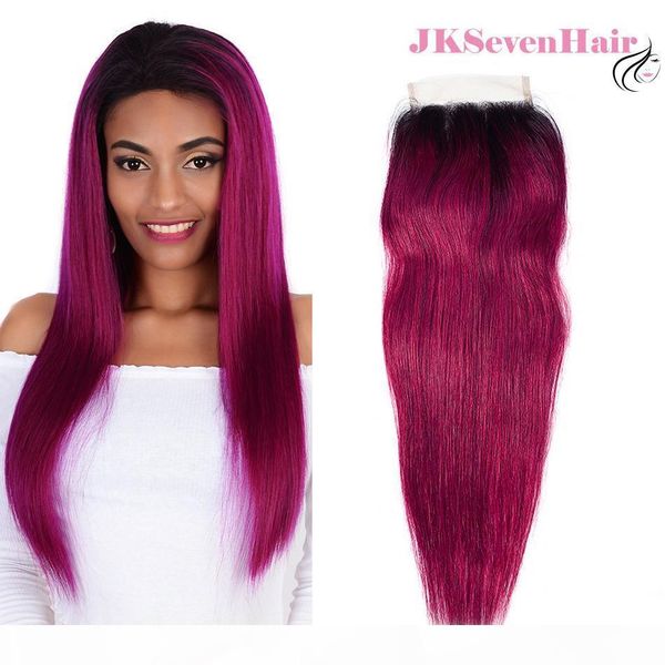 

1b rose pink straight brazilian virgin hair 4x4inch lace closure dark root rose pink indian malaysian peruvian baby hair part closure, Black