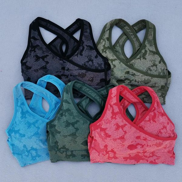 

yoga outfit camo seamless sports bra medium support running criss-cross back padded bras woman fitness activewear