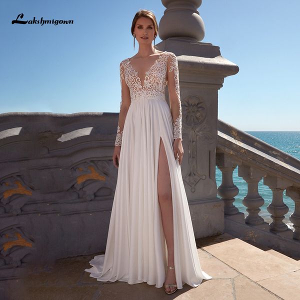 

new boho wedding 2021 v-neck long sleeve a-line chiffon lace appliques simple bridal gowns robe de mariee m8ba, White