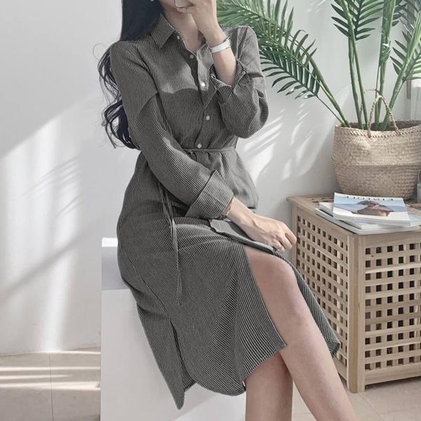 

casual dresses ladies work ol robe zanzea fashion button shirt dress women's spring sundress long sleeve elegant stripe midi vestidos, Black;gray