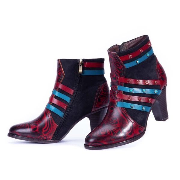 

boots genuine leather women vintage bohemian ankle shoes zipper low 8cm thick high heel ladies printing woman, Black
