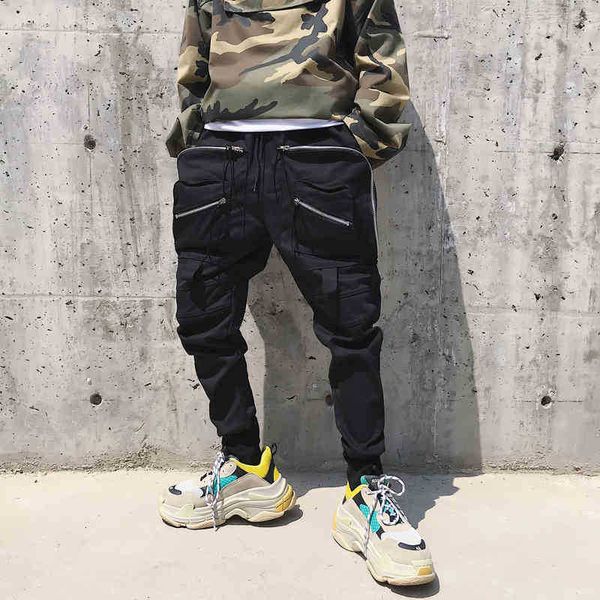 

men's pants pant men hip hop multi-pocket dancing casual joggers male elastic waist slim fit high street sweat zzds, Black