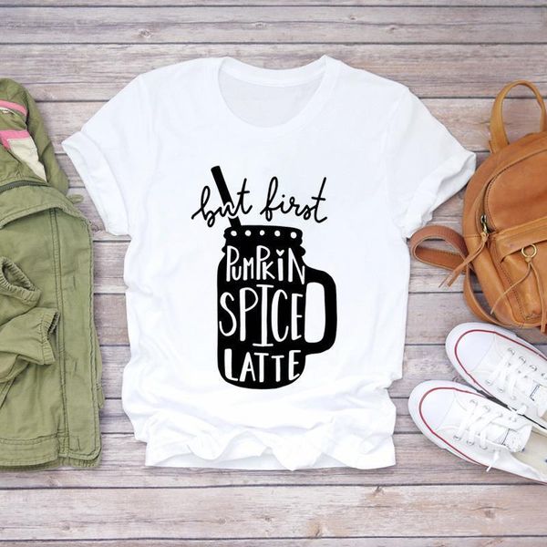 

women cartoon pumpkin spice funny halloween fall autumn print ladies womens t-shirts t shirt graphic female tee t-shirt, White