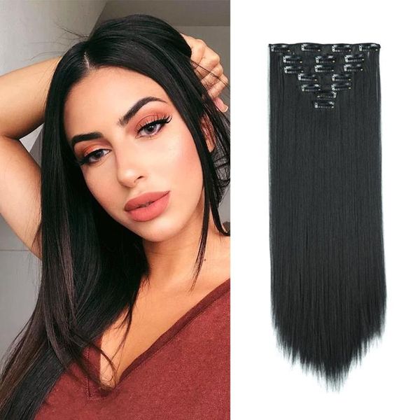 

synthetic wigs clip in hair long straight 7pcs set 16 clips 22 inch 130g fake heat resistant ins for women, Black