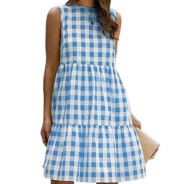 

casual dresses women dress summer sleeveless loose full length maxi bohemian party vestidos vintage plaid sundress, Black;gray