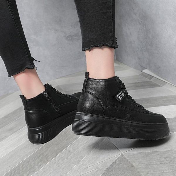 

ladies cross strap platform sneakers women waterproof pu leather flats ankle boots woman black casual vulcanized shoes, Black;white