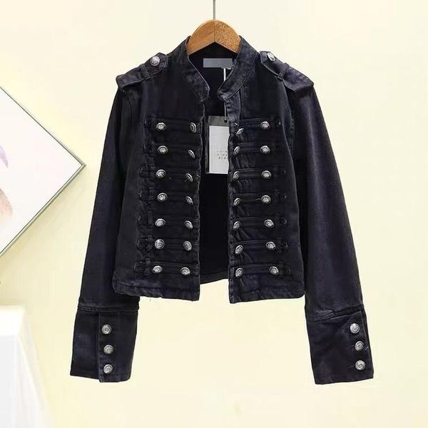 

women's jackets spring autumn 2021 women fashion vintage court style black denim jacket double breasted stand collar short jean coat y3, Black;brown
