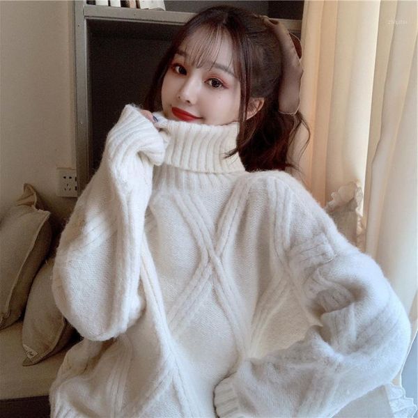 

autumn winter sweaters women argyle plaid solid color turtleneck full sleeve floral thick knitted clothing female wild women's, White;black
