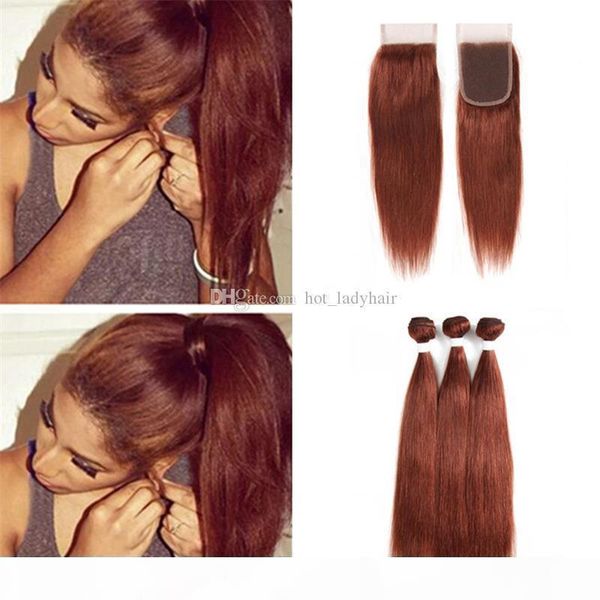

silky straight dark auburn brown brazilian hair bundles with lace closure color 33 copper red human hair weave with part closure, Black;brown