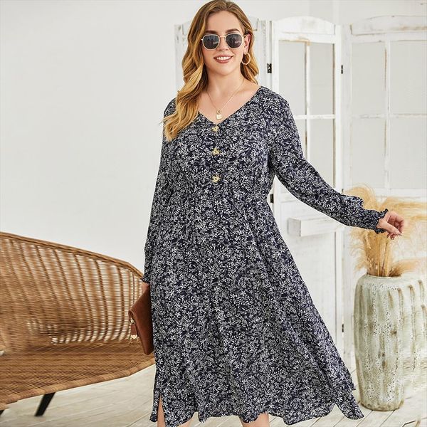 

fall winter clothing women dresses a line midi long sleeve casual floral printing button elegant loose robe vestidos, Black;gray