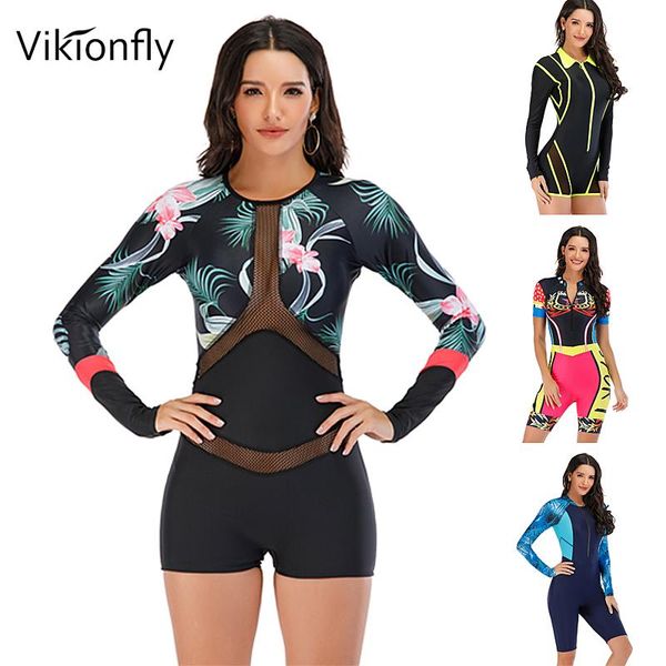 

one-piece suits vikionfly sport one piece surfing swimming suit for women bathing 2021 long sleeve protect sunshine beach mesh swimsuit