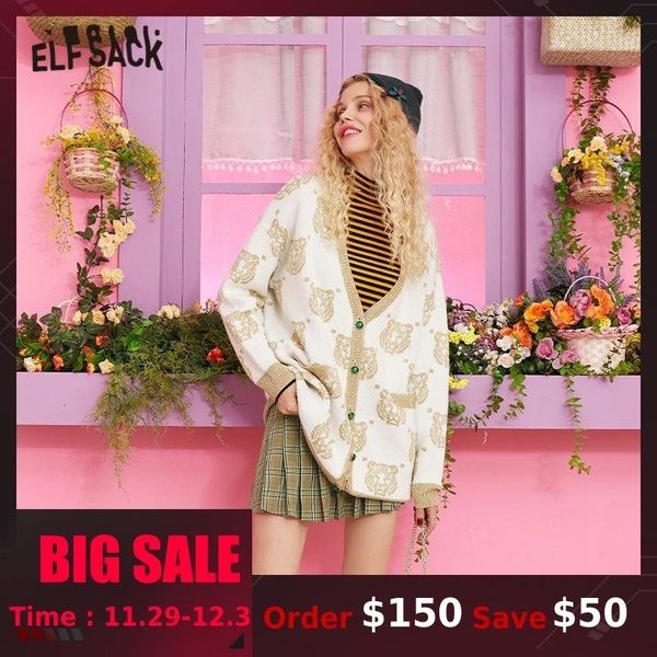 

elf sack v neck tiger print button front casual cardigan sweater women clothes 2021 autumn korean style female sweaters v191130, White;black