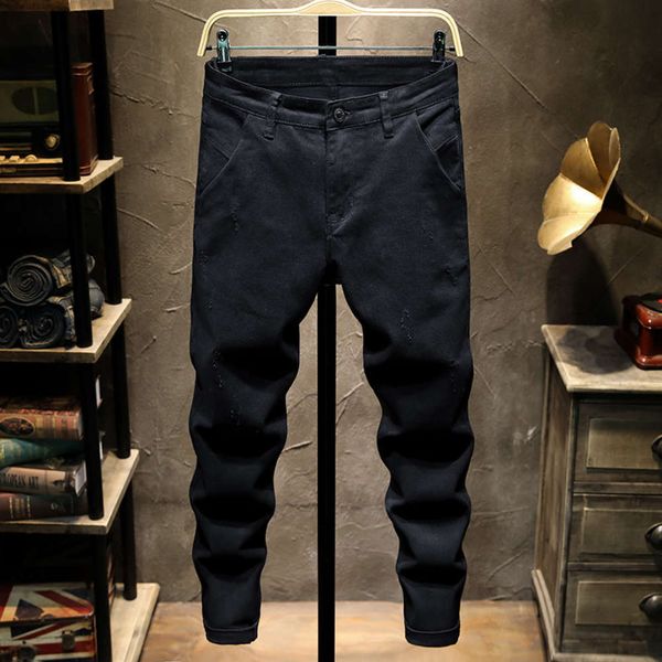 

autumn men's loose stretch large size pants slim fit leg jeans scratch small hole fashion brand, Blue